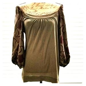 Flounce Olive Floral Blouse Silk Blend 3/4 Sleeve